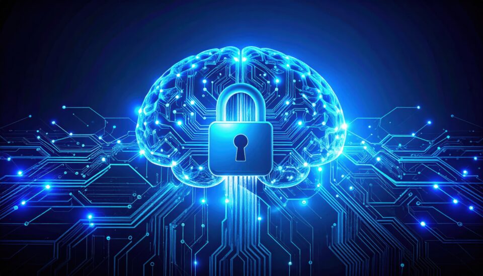 A glowing digital brain with a padlock at its center symbolizes cybersecurity and the protection of artificial intelligence and digital information.