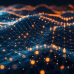 Abstract 3D grid with glowing data points and nodes, neural network concept, AI and machine learning data flow.