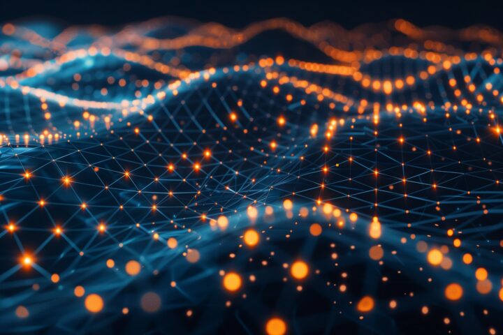 Abstract 3D grid with glowing data points and nodes, neural network concept, AI and machine learning data flow.