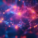 Abstract network of interconnected nodes with glowing lights in purple and orange tones visible
