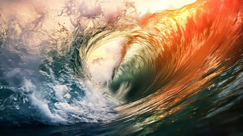 A breathtaking moment frozen in time as a massive ocean wave rises majestically, offering the perfect opportunity for exhilarating surfing adventures.