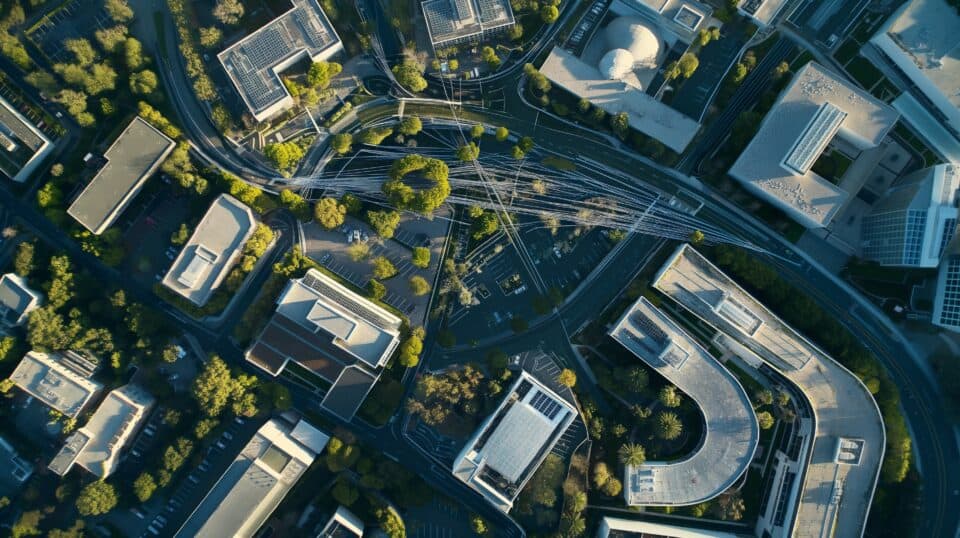A birda??s-eye view of a sprawling tech campus, interconnected by fiber optic cables that are visible just beneath the surface.