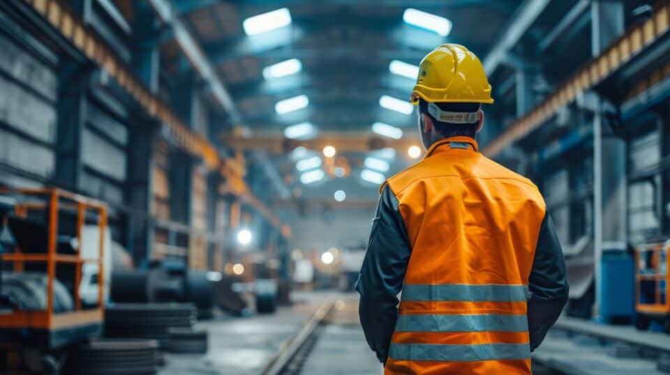 Industrial Engineer in Hard Hat Wearing Safety Jacket Walks Through Heavy Industry Manufacturing Factory with Various Metalworking Processes.