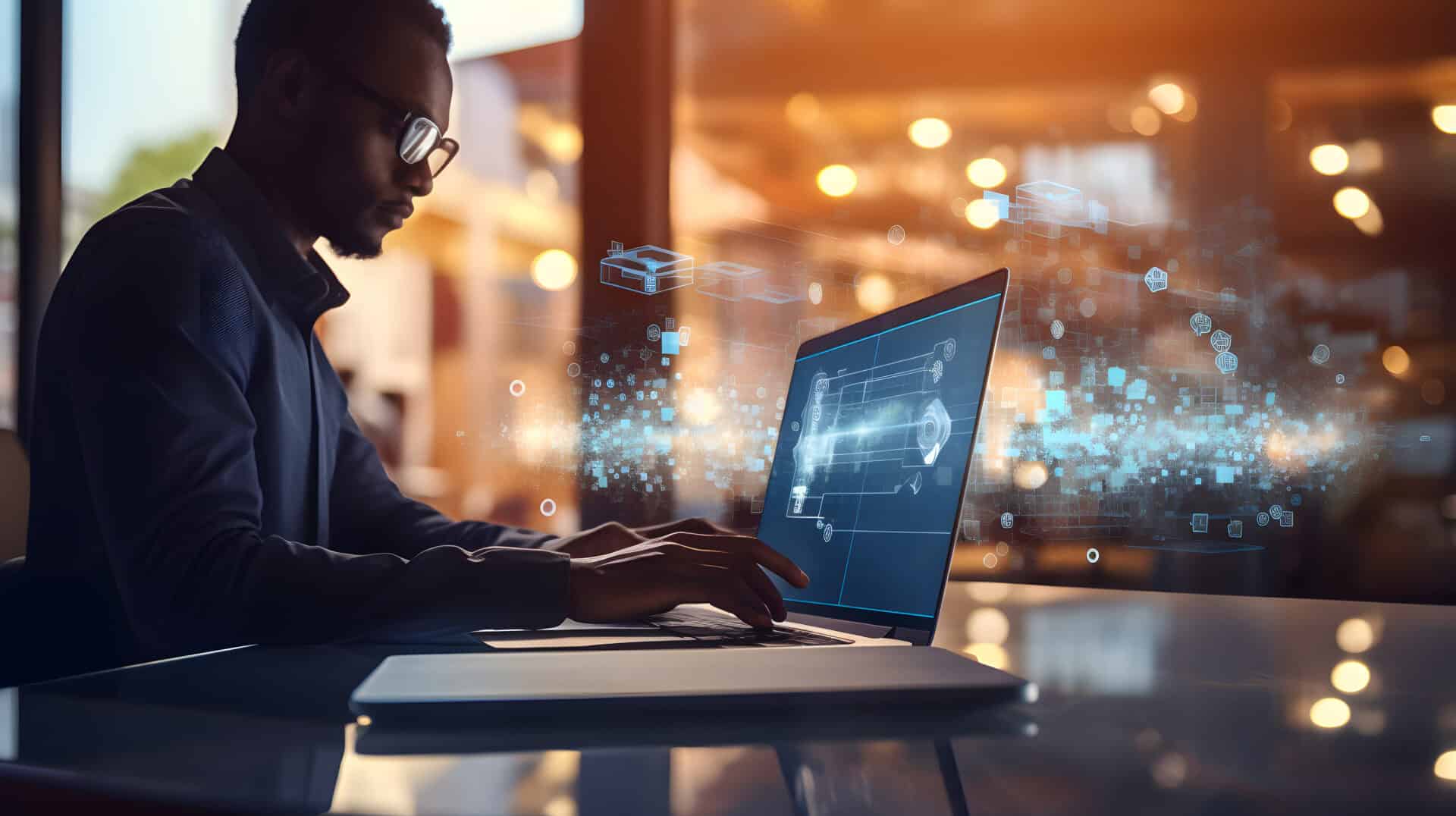 AI, Artificial Intelligence, Big data, Internet of Things IoT. Man, programmer, software engineer using mobile smartphone by id touch on screen, coding on laptop computer with technolo. generative ai.